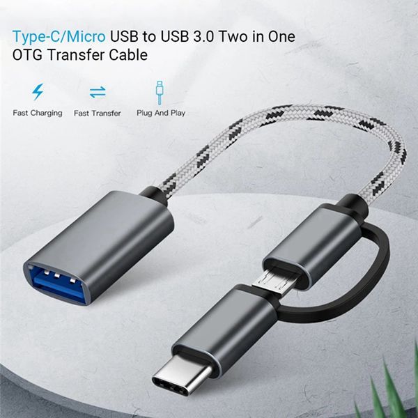 -2 in 1 usb otg cable type-c/micro-usb to usb 3.0 adapter braided designed data transfer cable for andriod phone