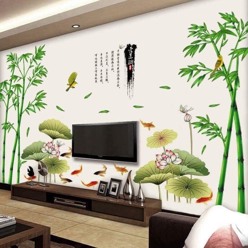 Decal dán tường tết bụi trúc và đầm sen to