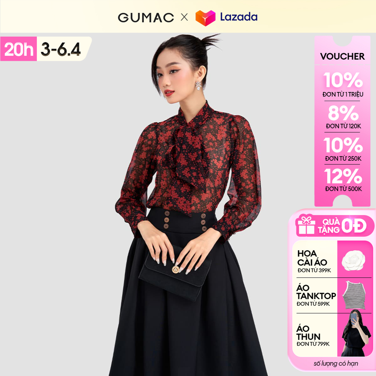 [25 - 29.4 |Voucher 8-12%] Áo kiểu thắt nơ GUMAC AD03066