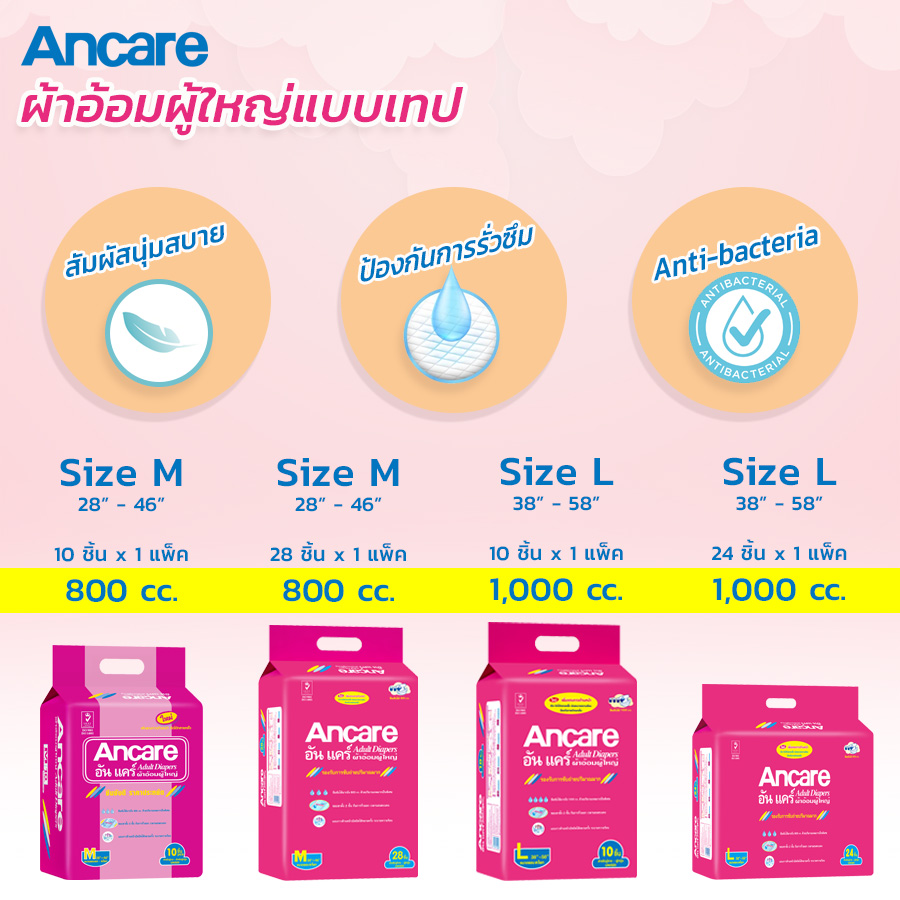 ขายยกลัง ผ้าอ้อมผู้ใหญ่ ไซส์ L 10 ชิ้น x8 แพ็ค แบบเทป Ancare อันแคร์