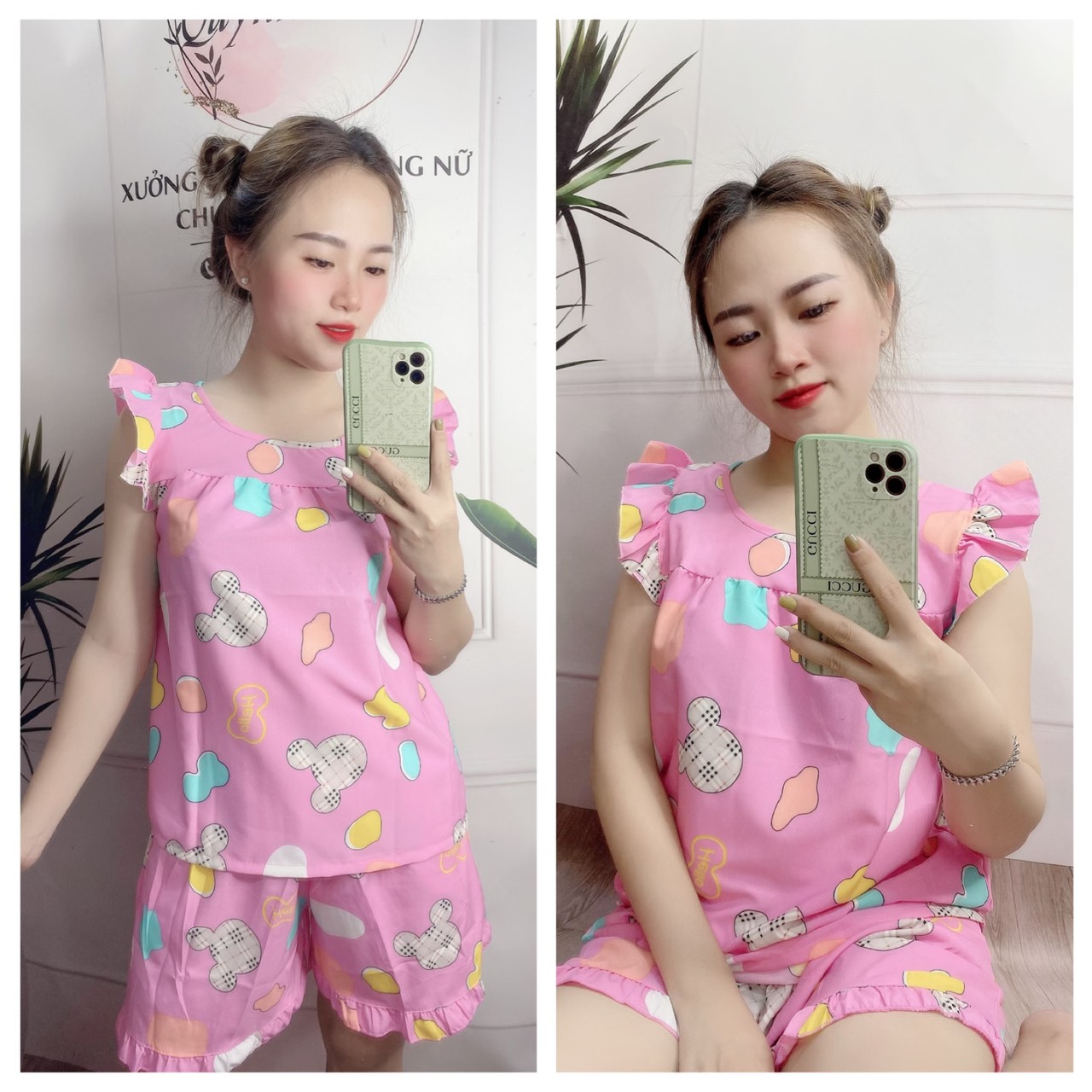 Đồ bộ lụa đùi mặc nhà họa tiết thỏ cà rốt dễ thương có size 40-75kg - tl37