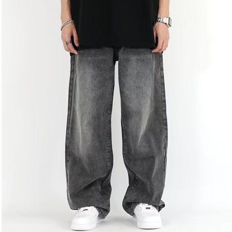 M-5XL American Vintage Grey Wide Leg Jeans Men Plus Size Causal