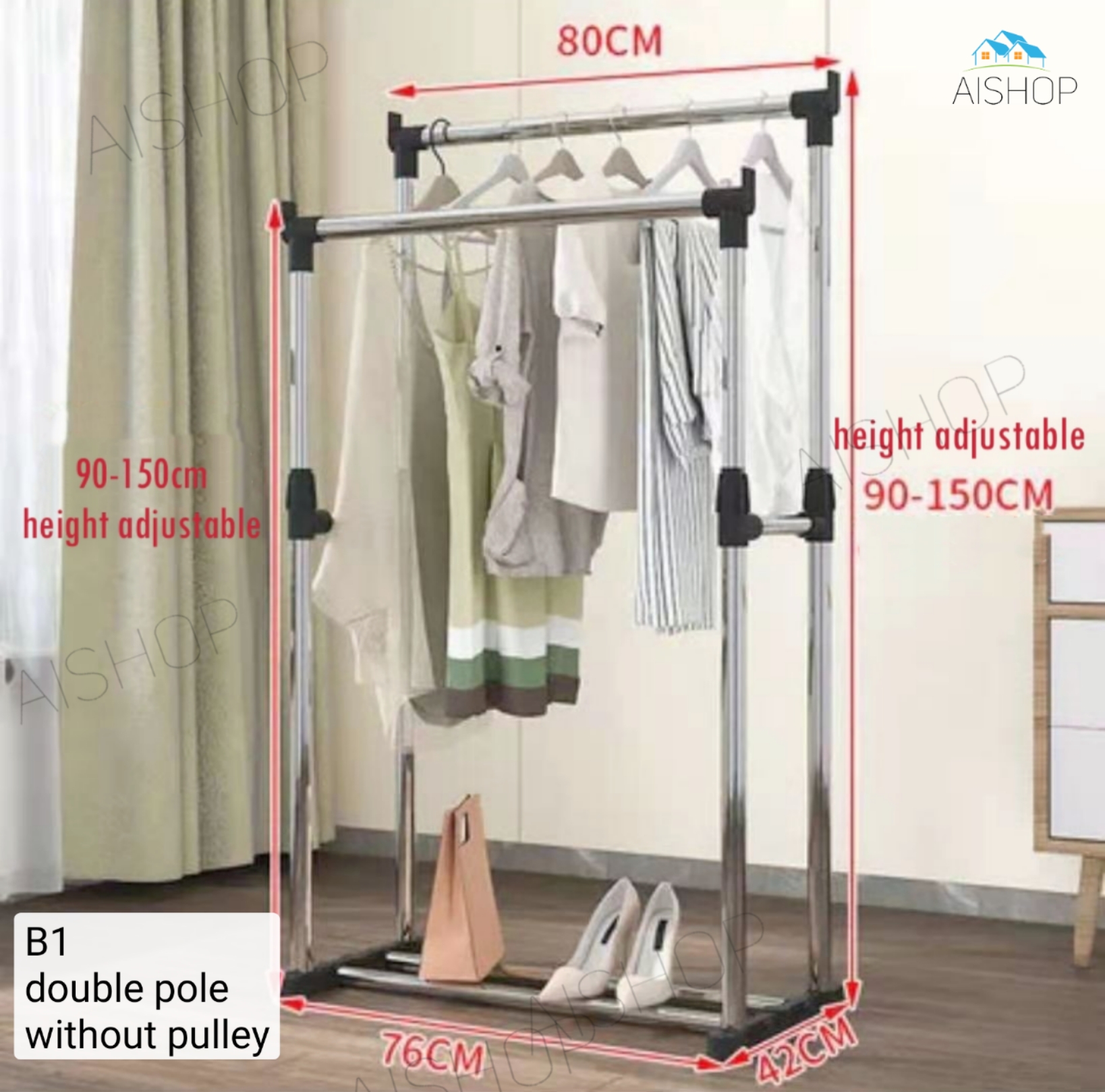 (SG Seller)Clothes Rack Doublepole Stainless Steel Clothes Rack Stand