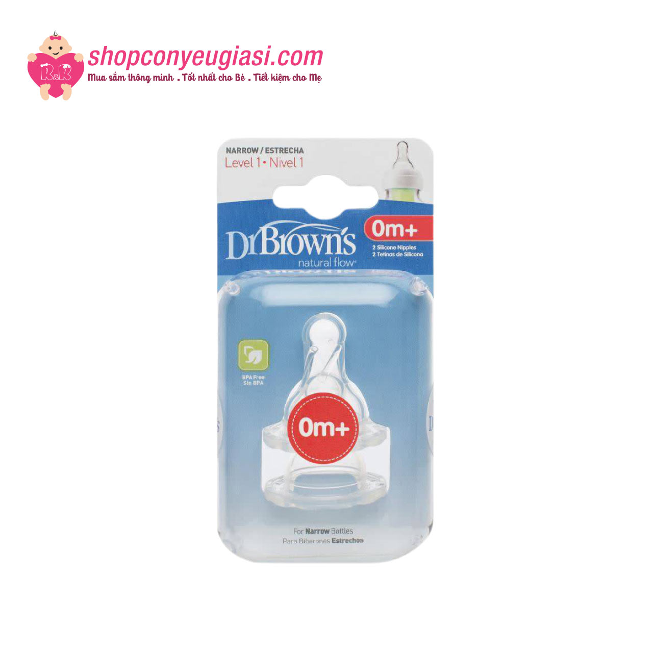 Hộp 2 núm ty Dr.Brown's cổ hẹp số 1, 2, 3, 4