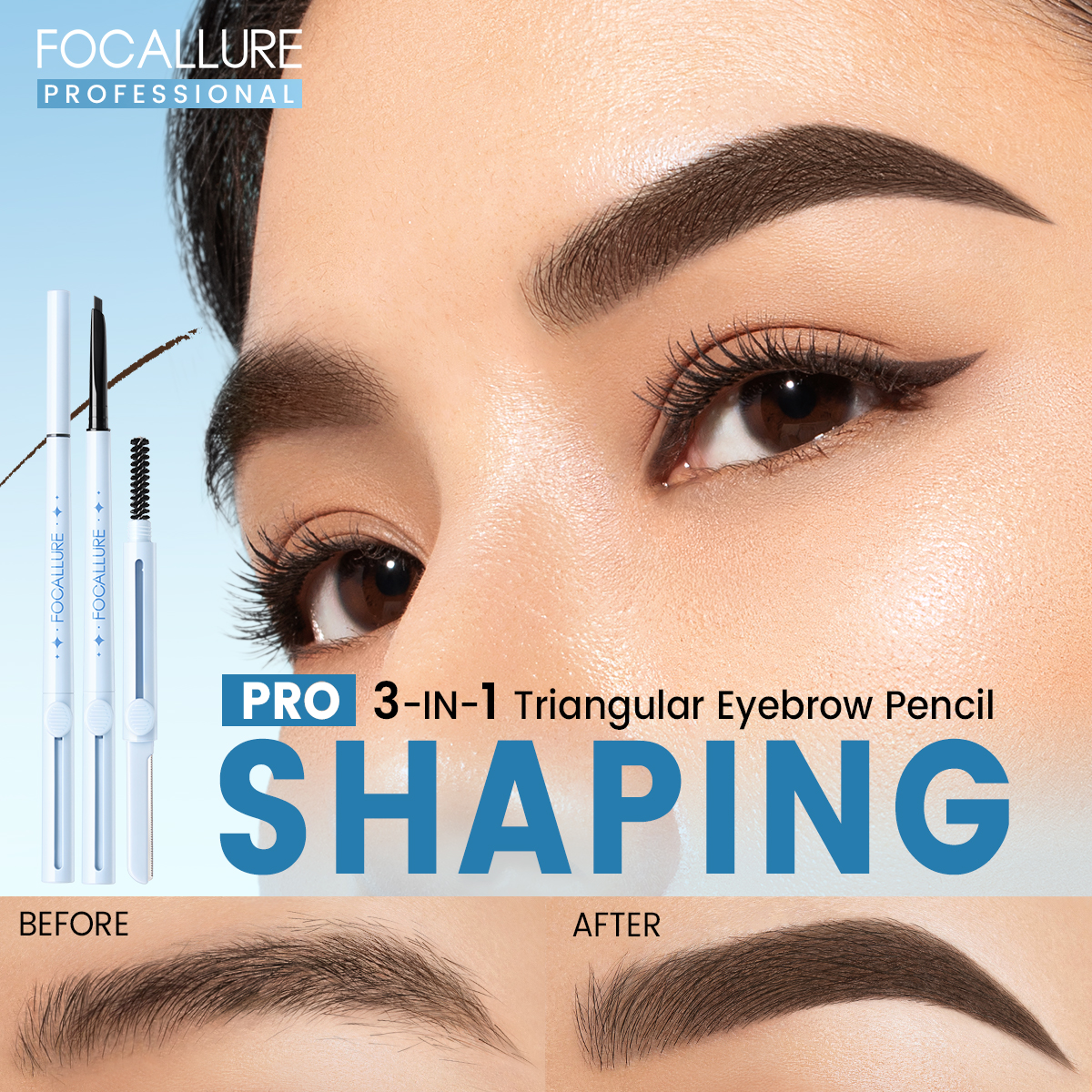 FOCALLURE 3 Colors Eyebrow Pencil Waterproof Long-lasting 3 In 1 Ultra Fine Triangle Eye Brow Makeup Cosmetics. 