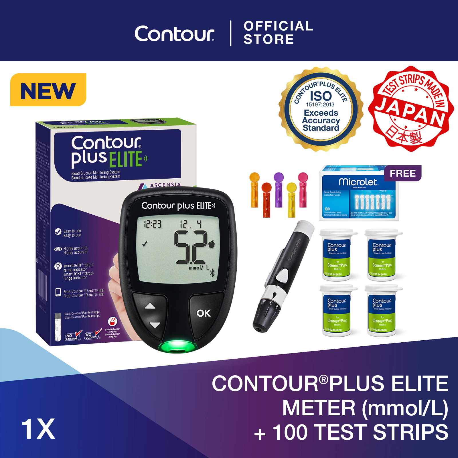 Contour Plus Elite Blood Glucose Meter (mmol/L) + 100 Test Strips + 100 Microlet Lancets
