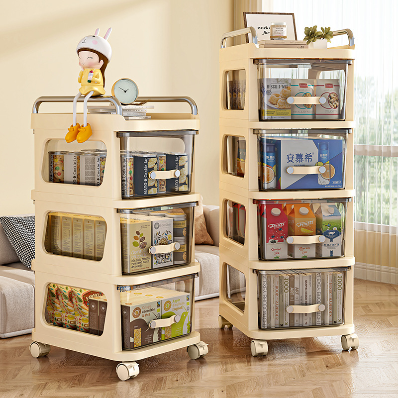 Drawer-type storage cabinet, household multi-functional movable multi-layer storage cabinet, bedroom trolley, cream wind shelf