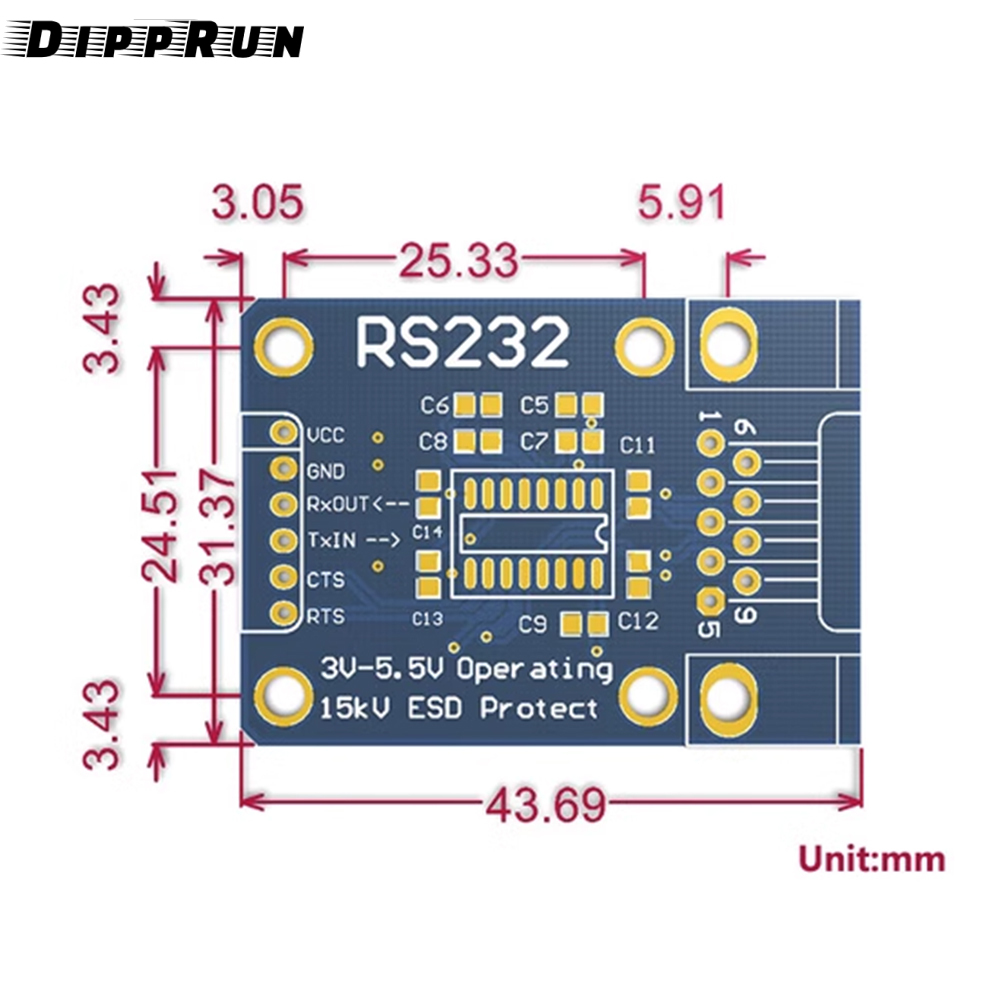 DIPPRUN TTL to RS232 Module TTL RS232 Male Female Mutual Conversion Module Serial Level Conversion to SP232 TTL Serial Port ESD Protect