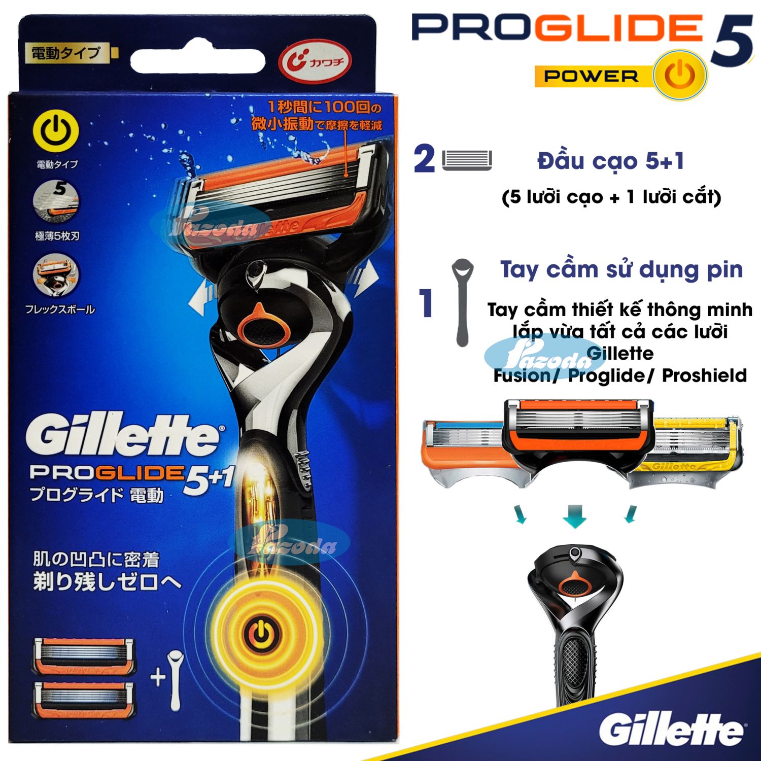 Dao cạo râu 5 lưỡi Gillette Proglide5 Power (1 tay cầm sử dụng pin và 2 đầu cạo 5+1)