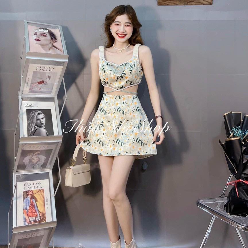 SET ÁO HOA CROPTOP DÂY EO KÈM CHÂN VÁY