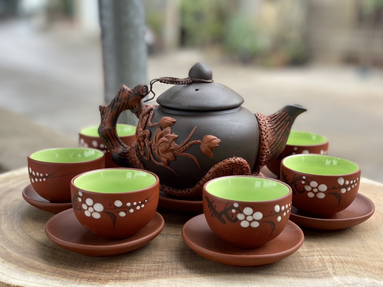 Bộ ấm chén,ấm trà tử sa Bát Tràng đắp nổi lòng xanh chính hãng 350ml-Ấm chén Bảo Khánh