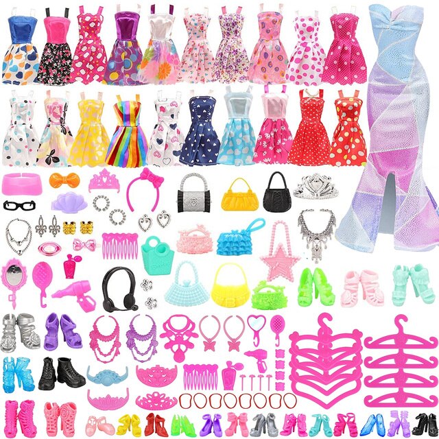 99Pcs Barbies Doll Clothes=10Pcs Mini Dress+89Pcs Accessories Handbags Hangers Glasses For Barbie Doll&1/6 BJD Blythe Doll Shoes