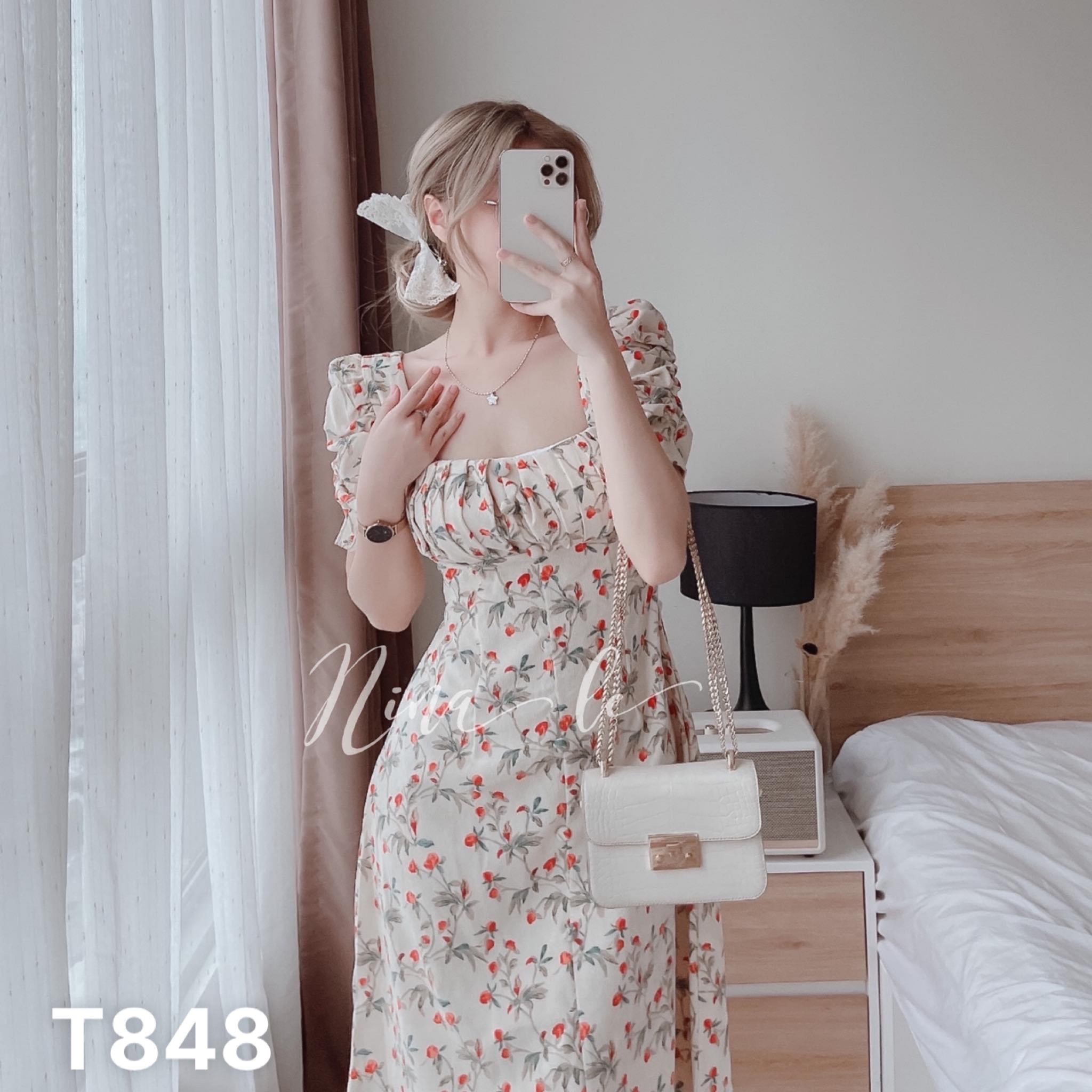 [Freeship]Đầm Lụa hoa Suông Dài Xếp Li ngực có mút Mia Storie