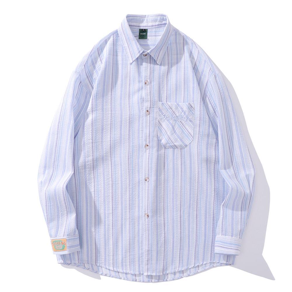 Striped Button Up Casual Men's Shirt Long Sleeve Outerwear Shirts for Man Blue Pink