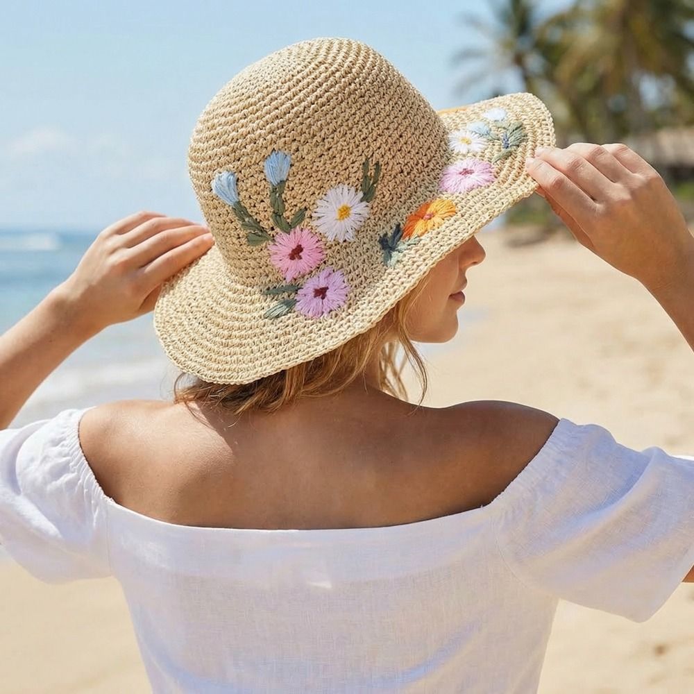 Casual%20Colorful%20Flower%20Straw%20Hat%20Boho%20Wide%20Brim%20Women's%20Sun%20Hats%20Breathable%20Embroidered%20Flower%20Fisherman%20Hat%20Girls%20-%20Image%203