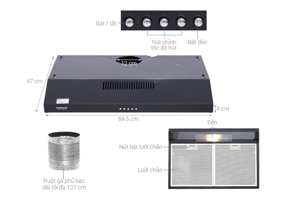 Máy hút mùi vỏ sơn SUNHOUSE SHB6118B