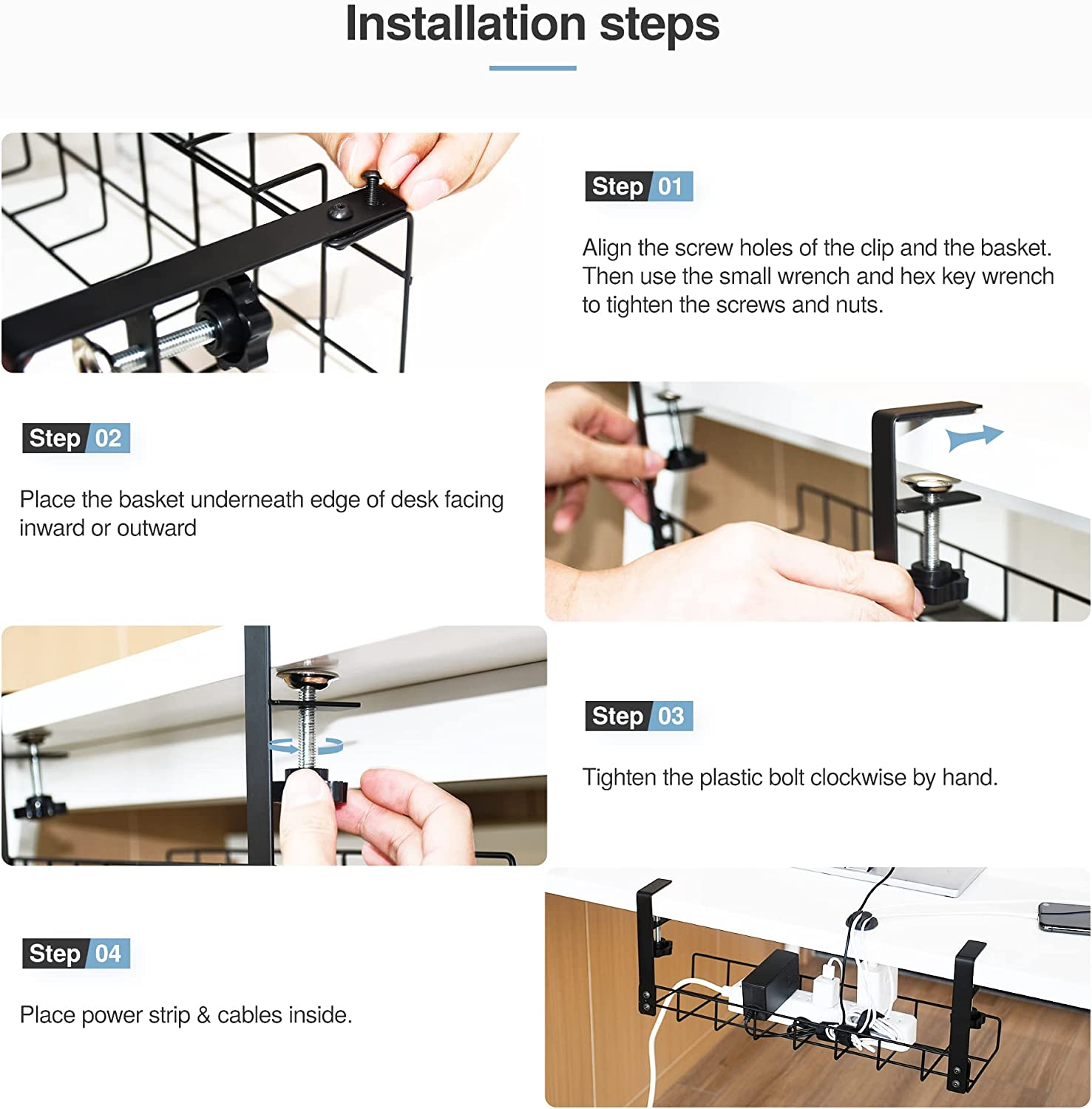 Under Desk Cable Management No Drill, Xpatee 16''Desk Cable Management,  Cable Management with Clamp for Desk Wire Management, Computer Cable Rack  for