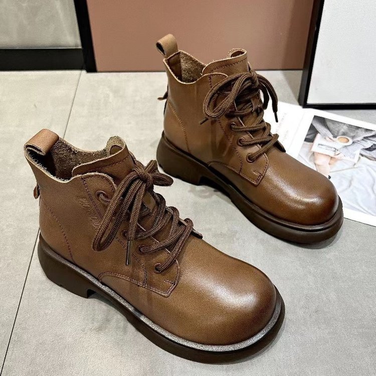 Vshoes bốt martin bốt ngắn martin da mềm thoải mái đế cao đế tròn cổ điển nữ đế bệt