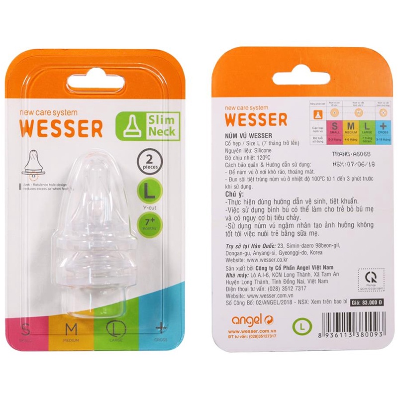 Núm ti núm vú cho bình sữa cổ hẹp Wesser - lẻ 1 cái