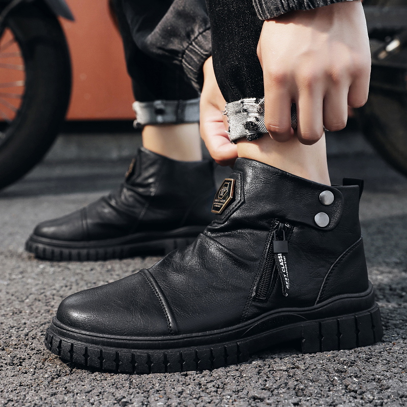 Autumn and Winter New Martin Boots Men's Shoes High Top Leather Boots Cotton Shoes Men's Boots Versatile Zipper Shoes Korean Military Boots