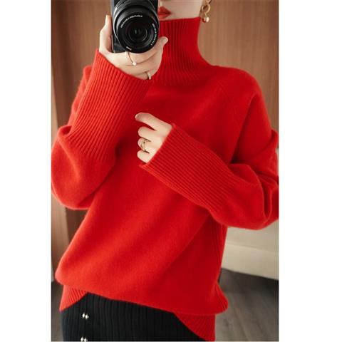 Áo sweater len cashmere dày dặn cổ lọ dáng rộng màu sắc đơn giản cho nữ