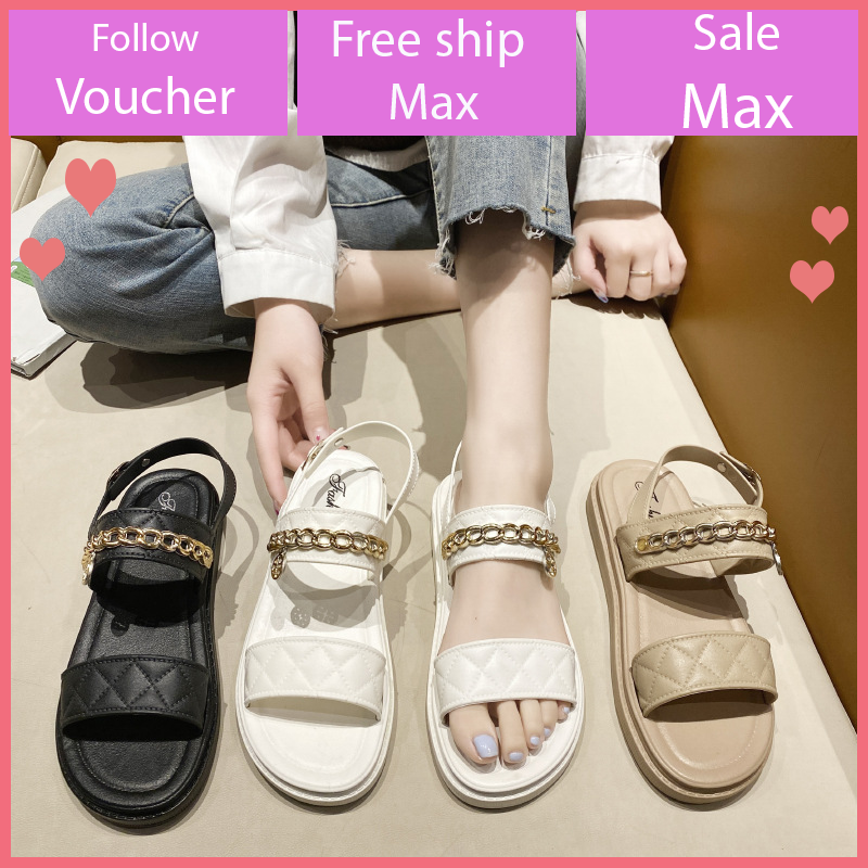 [Hoàn Tiền 15%]Giày sandal nữ 2 quai ngang đế bằng học sinh hàn quốc thời trang dạo phố phối xích V310