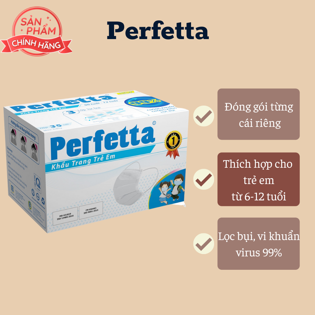 [HCM]Khẩu trang cho bé 3 lớp Perfetta Trẻ Em Trắng (35 Cái/Hộp)