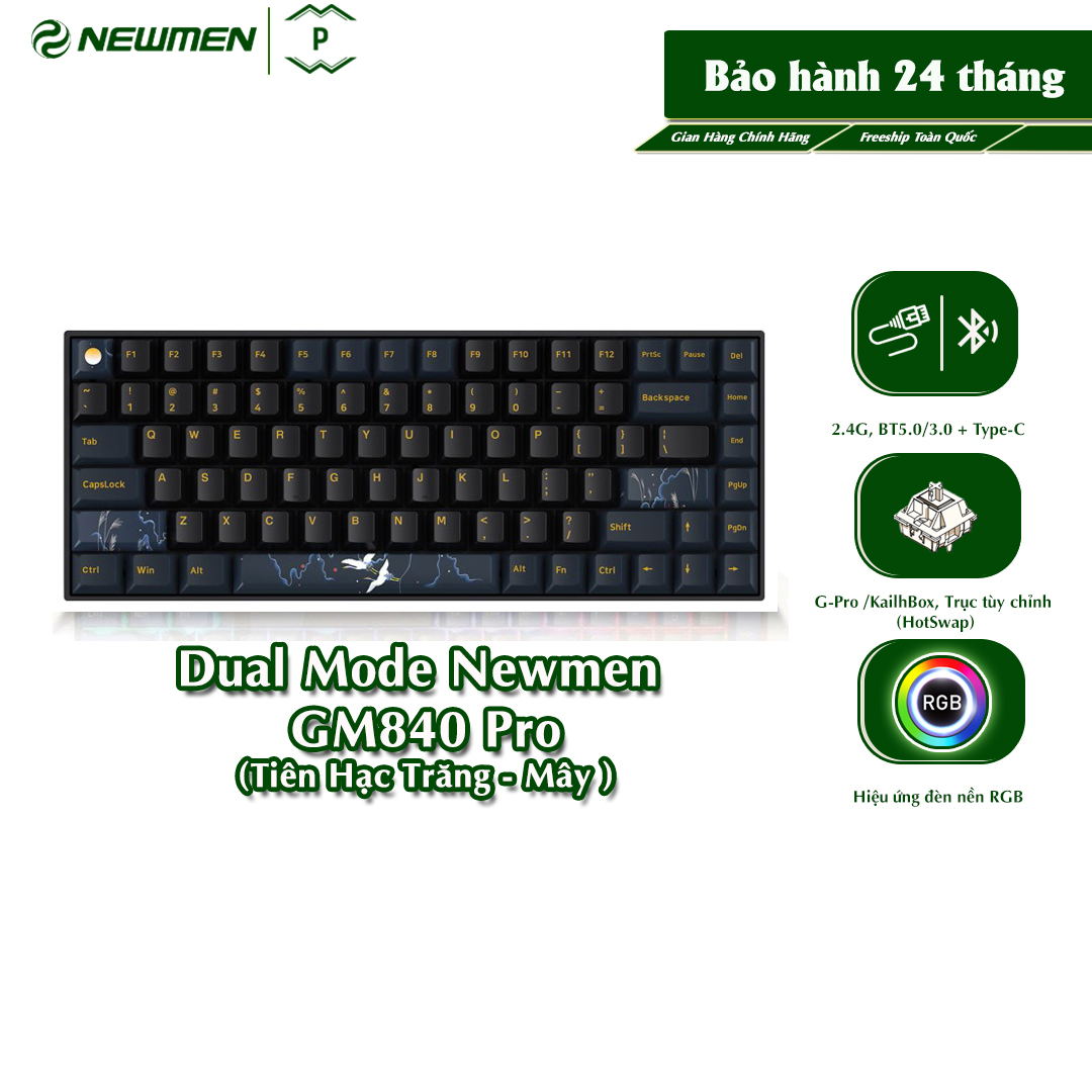 Bàn Phím Cơ Không Dây Dual Mode Newmen GM840 Pro(Phiên Bản Tiên Hạc, Trăng &Mây),84 Phím,Hotswap,Keycap PBT Double-Shot,LED RGB, Đa Chế Độ Kết Nối (Bluetooth 5.0/Wired/2.4G)-Hàng Chính Hãng, Bảo Hành 24 Tháng,Tương Thích PC/Laptop/Mac/...