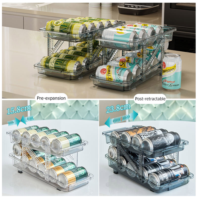 Retractable beverage storage box, automatic filling, transparent double-layer can storage rack, refrigerator Coke storage box