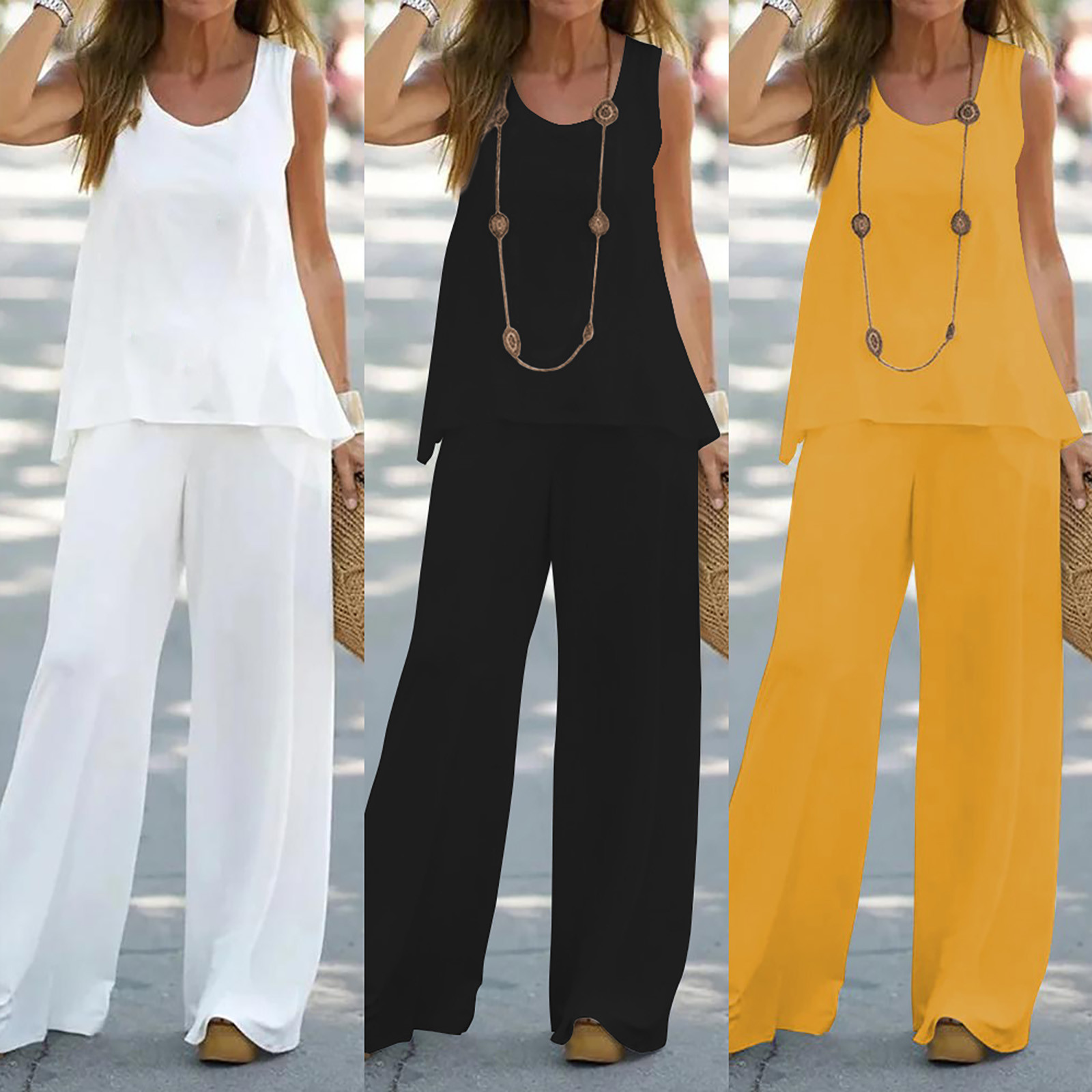 2-Piece Outfits for Women, Trouser Sets, Casual Vest, Sleeveless Top, Loose  Wide Leg Trousers, Two Piece Boho Outfit Set (Color : E, Size : L) :  : Fashion
