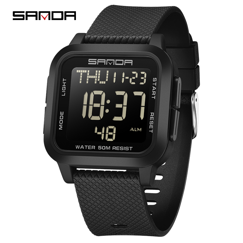 Sanda Square Solid Color Watch Retro Trendy Night Light Waterproof Electronic Men's Watch SD2194-6.