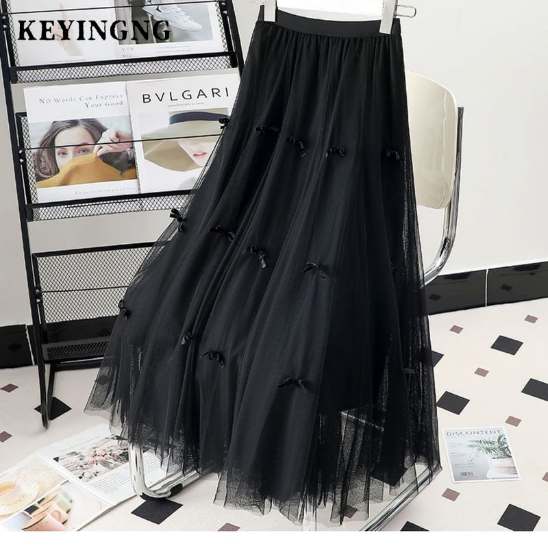 KEYINGNG   Váy Voan Chân Váy Lưới Nơ Cao Cấp Mẫu Mới Váy Chữ A Xuân Thu Viền Tiên Nữ Dáng Dài Vừa Cho Nữ