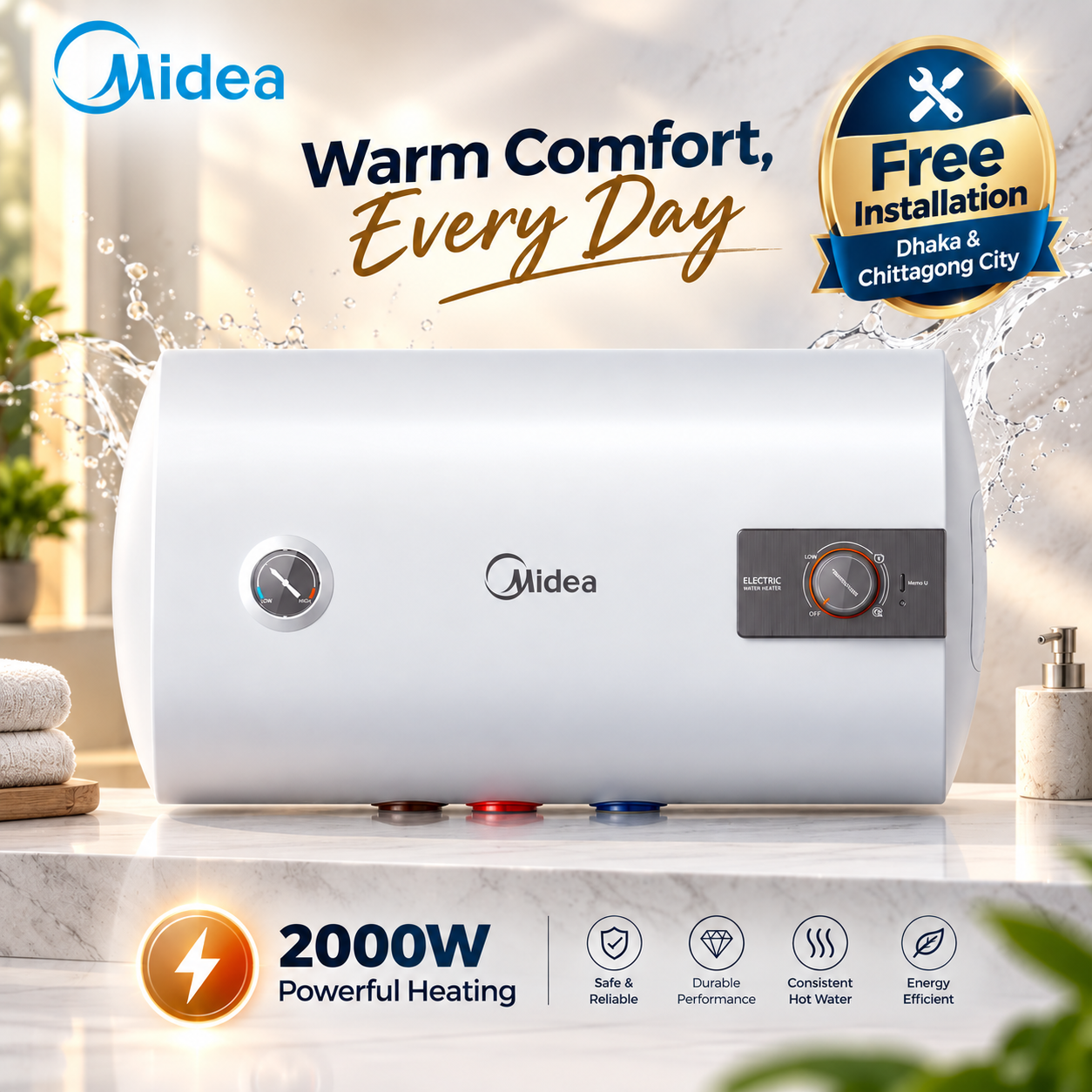 Midea D40-20A Geyser / Water Heater 40L White Free Installation Dhaka & CTG City.