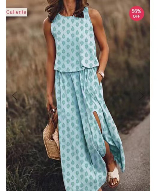 Women's round neck sleeveless dress with split solid casual commuter dress