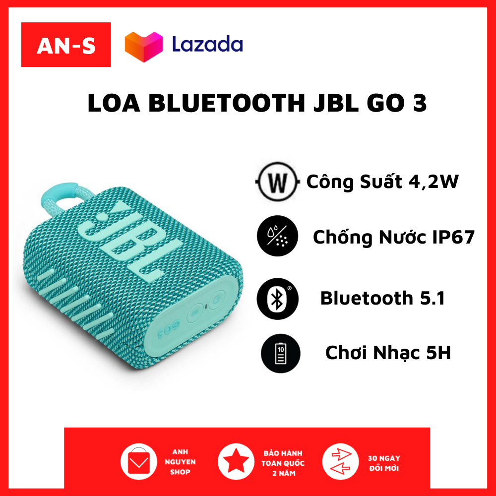 Loa Bluetooth JBL Go 3, Loa Nghe Nhạc Công Suất Lớn 4.2 W, Loa Bluetooth Bass Mạnh, Kháng Nước và Bụi IP67, Chơi Nhạc 5h, Công Nghệ JBL Pro Sound, Kiểu Dáng Di Động, Kết Nối Bluetooth 5.1, Dùng Cho LapTop, Máy Tính, Điện Thoại, TiVi thumbnail