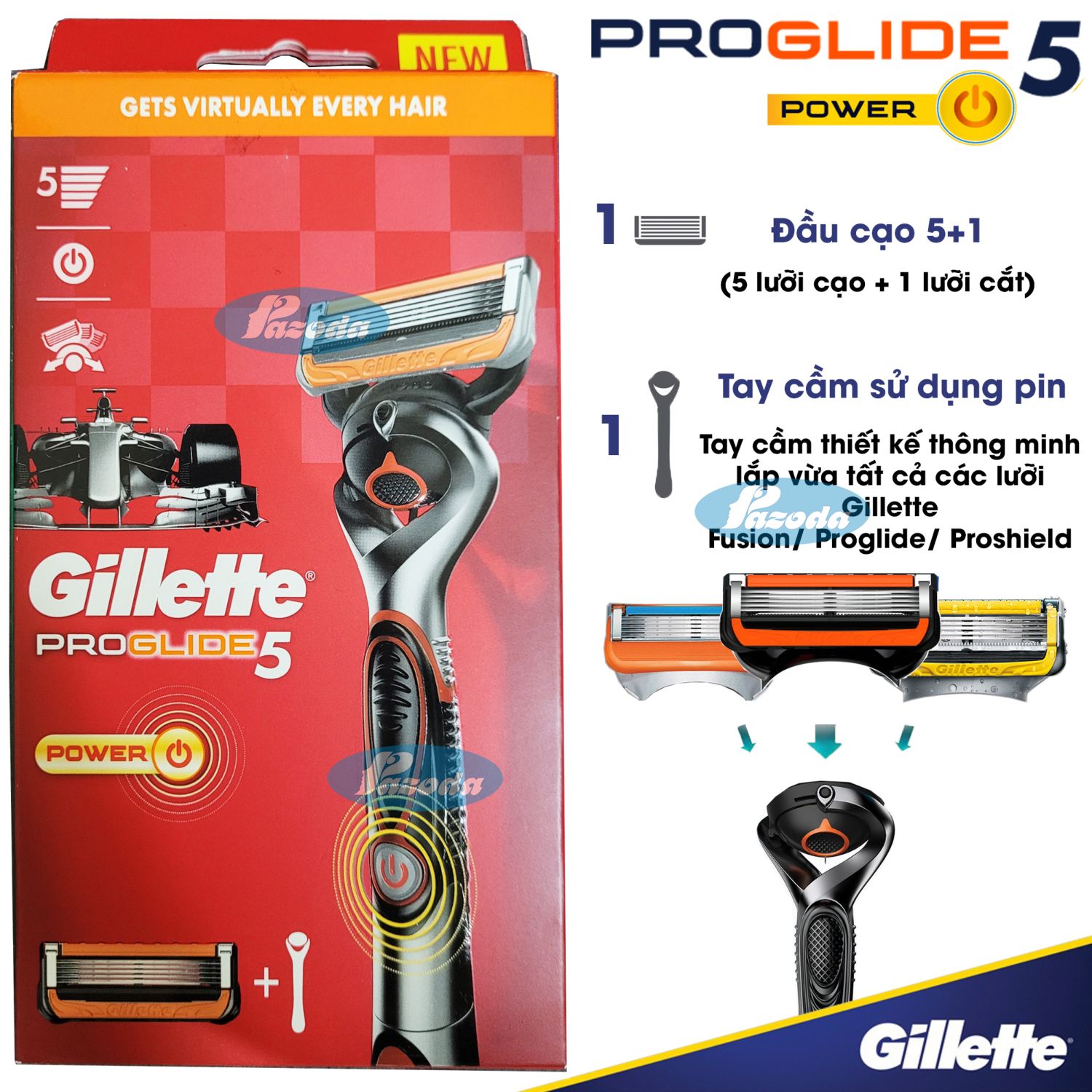 Dao cạo râu 5 lưỡi Gillette Proglide5 Power Red (1 tay cầm xoay chiều sử dụng pin và 1 đầu cạo 5+1)