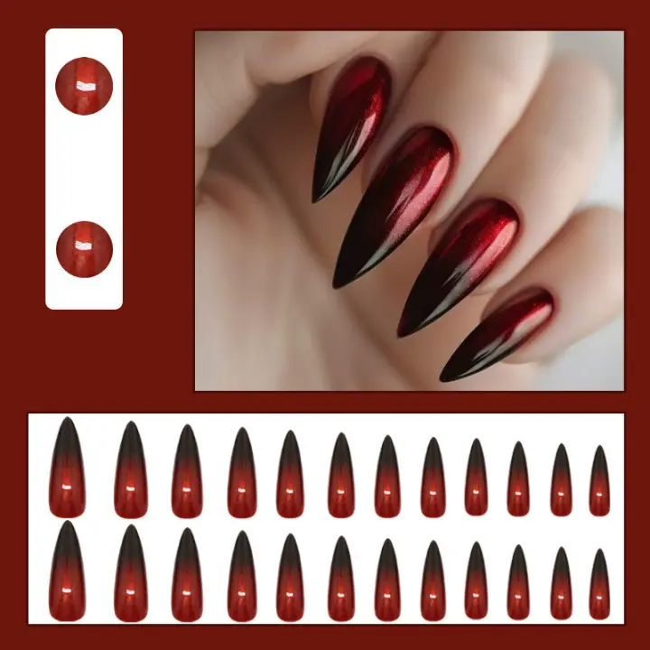 24Pcs Long Wine Red Fake Nails with Glue DIY Art Design False Nails Wearable Artificial Nails New 2025