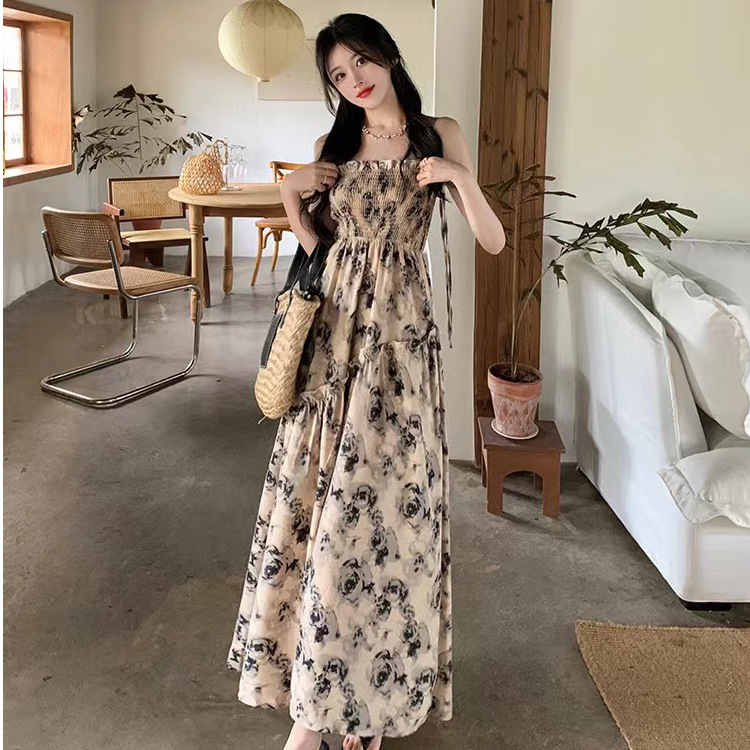 IELGY Sling Long Dress Summer New Floral High Waist Slimming Waist Dress