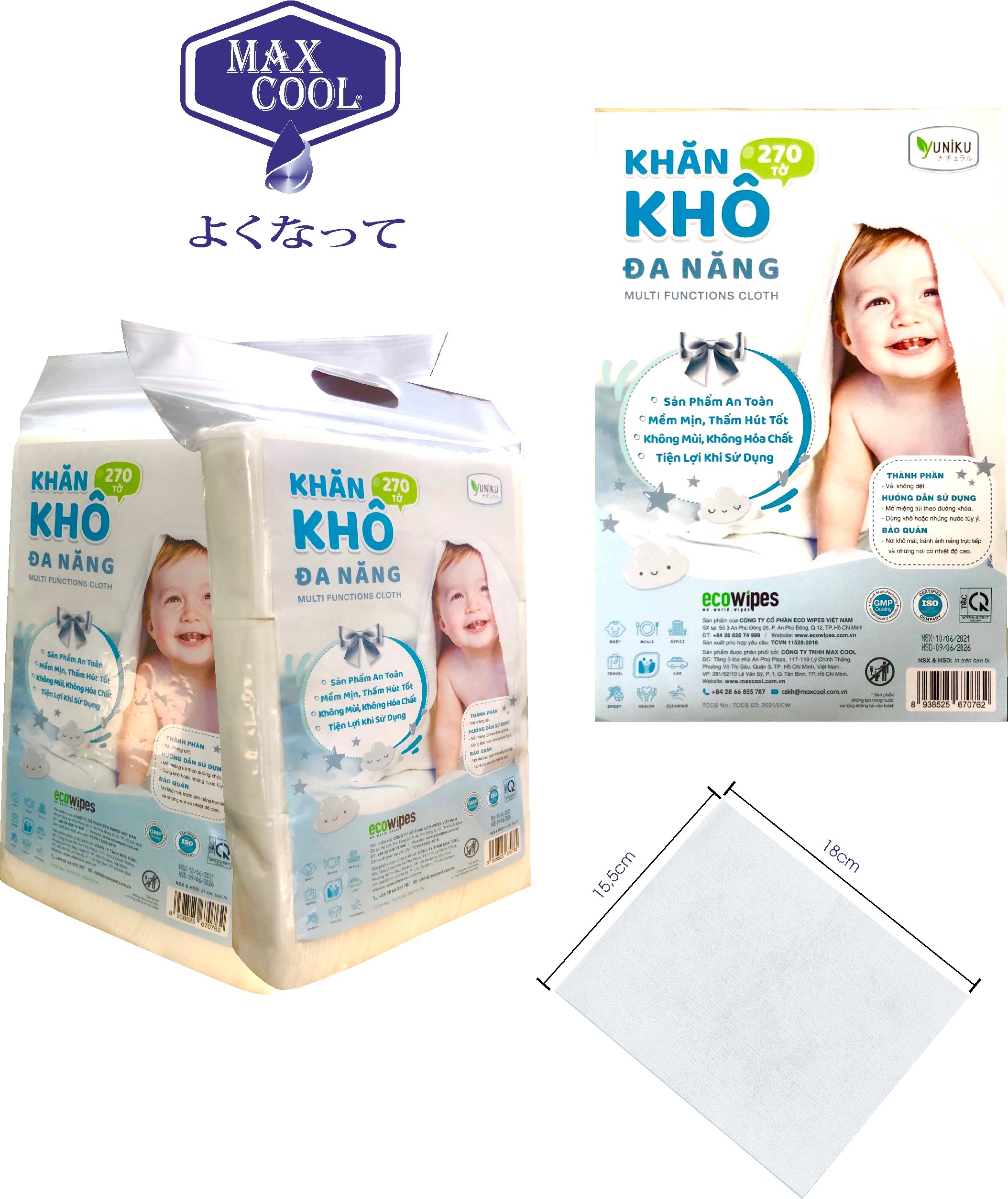 COMBO 3 GÓI KHĂN KHÔ ĐA NĂNG YUNIKU - 270 TỜ - Dùng thay khăn sữa, thay tả, vệ sinh cho bé, tẩy trang....
