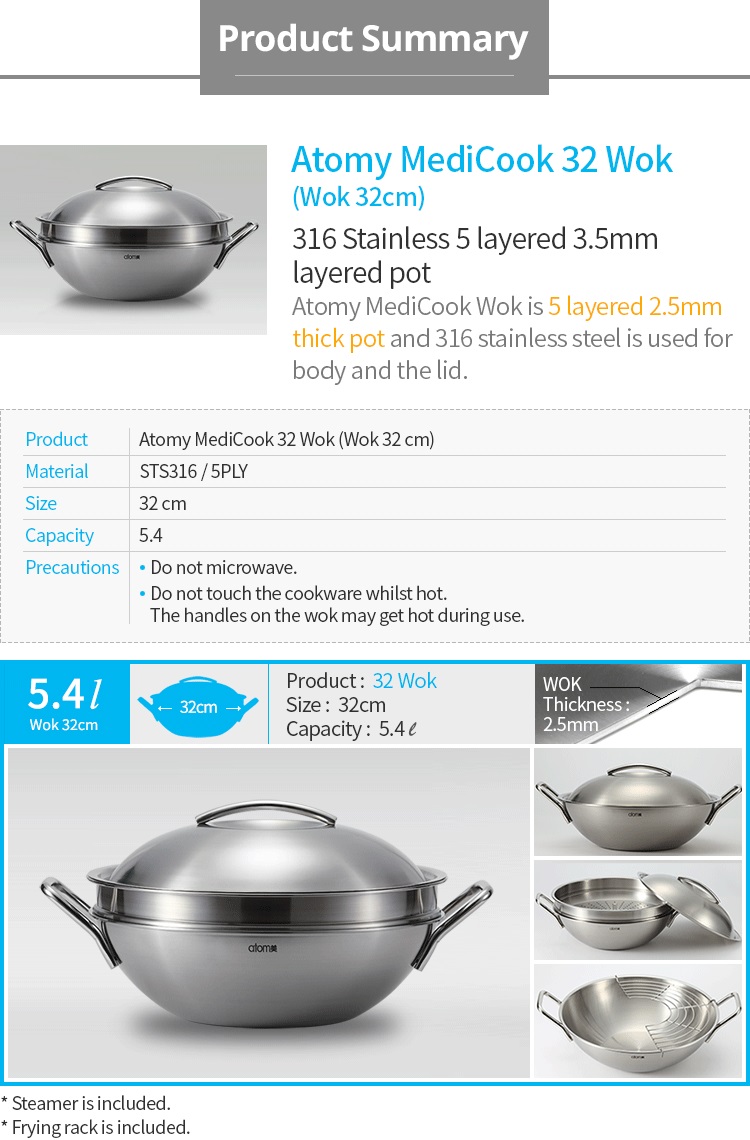 Korea Atomy Medi Cook Wok(5.4L,32cm Wok)316 Stainless 5 layered 3.5mm thick pot - Life time warranty - Lazada Singapore