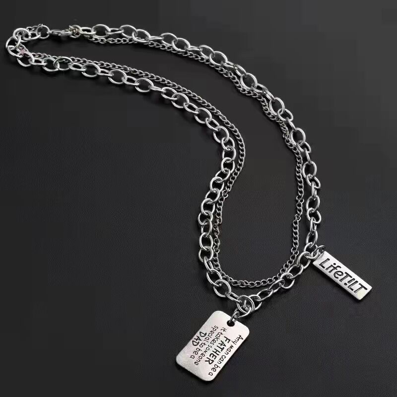 Double-layer Stacked Wear Retro Square Brand Letter Necklace Women's Trendy Cool Ins Hip-hop Cold Style Woolen Chain Necklace for Men.