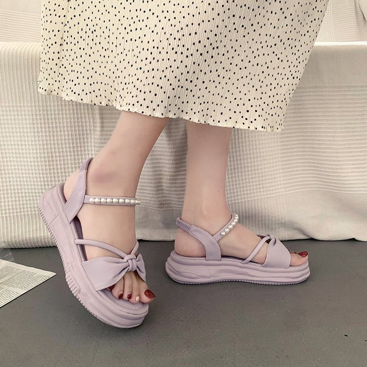 Vshoes xăng đan đế bằng, xăng đan đế dày nơ bướm, xăng đan la mã đơn giản ngọc trai mẫu mới cho nữ