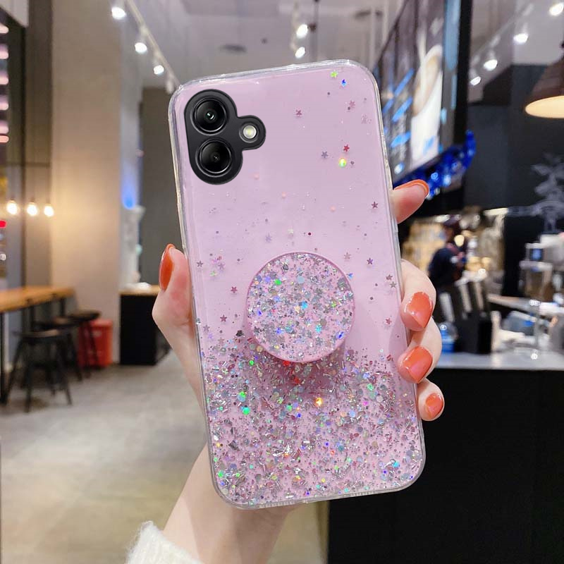 New Phone case Samsung Galaxy M06 Back cover Glittering Soft Stars Moon Sequins Folding Stand Transparent Silicone Anti Drop for Samsung M06 case. 