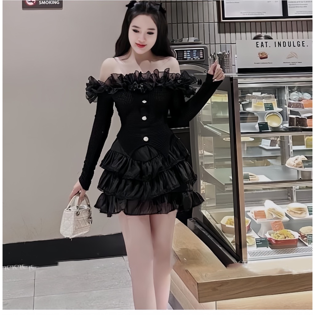 Sét váy đen bèo áo bo tăm trễ vai + chân váy von bèo 3 tầng