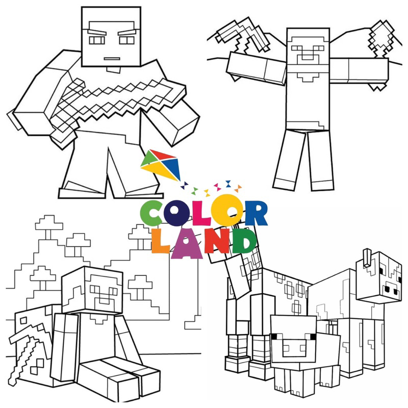 Minecraft - set 10 tờ tranh tô màu a4 a5 dành cho màu sáp, màu chì - tranh tô màu color land