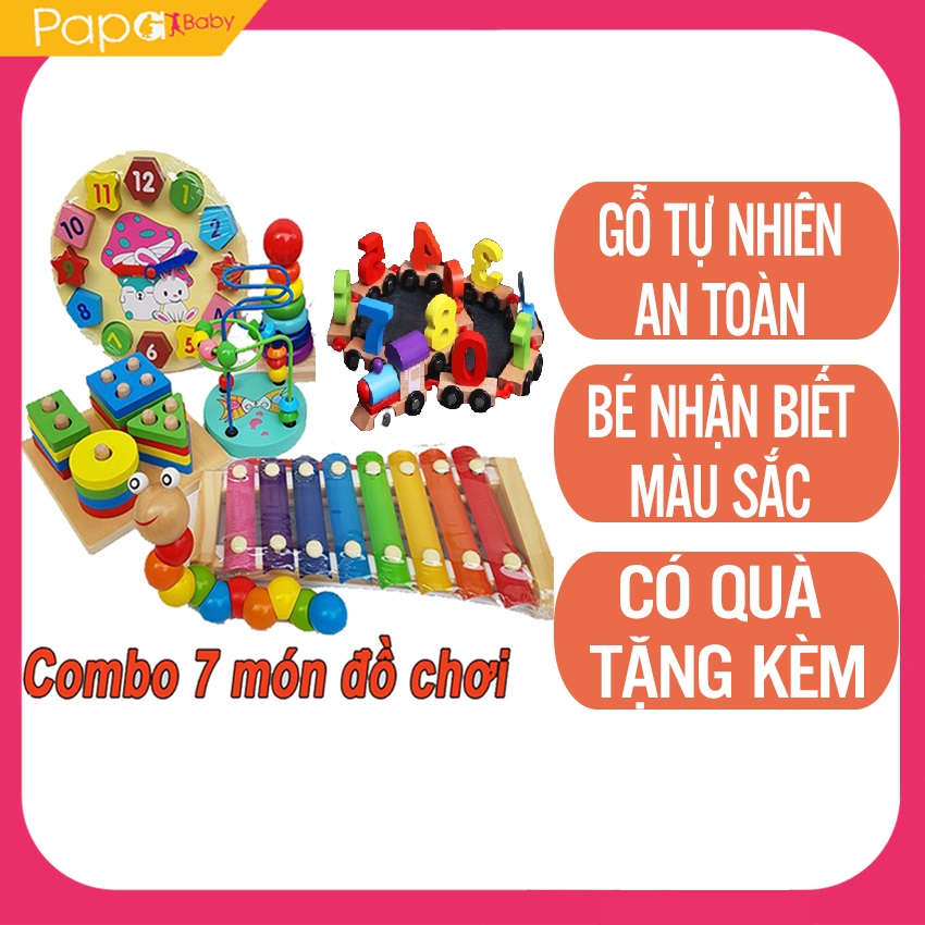 Đồ Chơi Gỗ Thông Minh Cho Bé - Combo 7 Món, Chất Liệu Gỗ Tự Nhiên - đô chơi cho bé, đồ chơi trí tuệ cho bé, đồ chơi montessori, đồ chơi cho bé trai 1 tuổi, đồ chơi gỗ cho bé, bộ đồ chơi gỗ thông minh cho bé