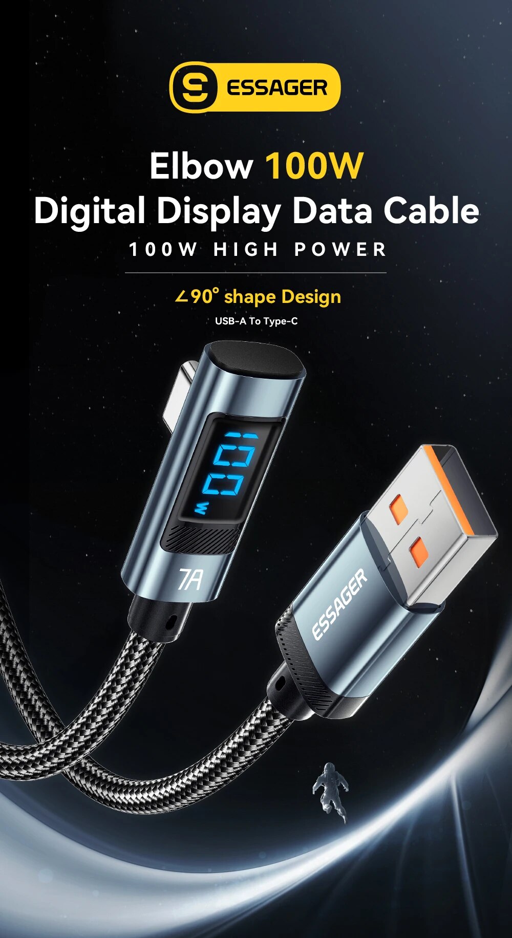 Essager 7A 100W USB C Cáp Sạc Nhanh Màn hình hiển thị kỹ thuật số PD Loại C để Loại C 90 độ khuỷu tay Loại C Cáp cho Huawei mate60 Pro Xiaomi Samsung Vivo dây dữ liệu
