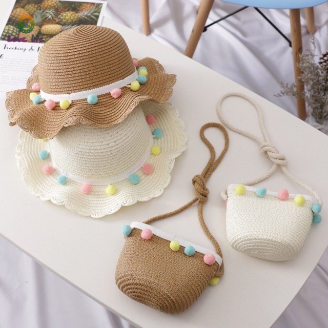 Set mũ kèm túi cói đính hạt len cho bé