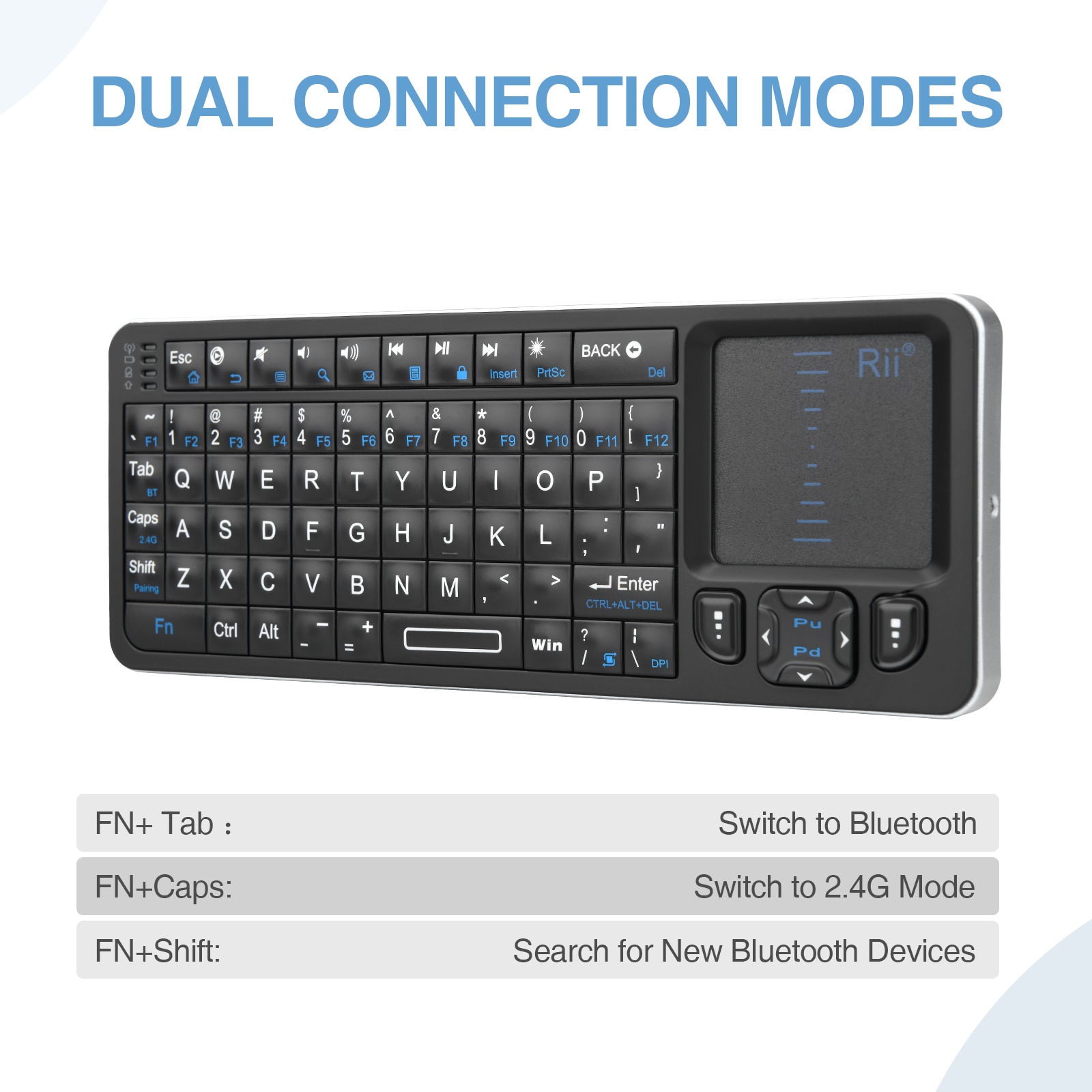 Rii K06 Mini Bluetooth Keyboard,Backlit 2.4Ghz Wireless Keyboard With IR Learning Touchpad Andro TV Box， Mac, Laptop, Windows