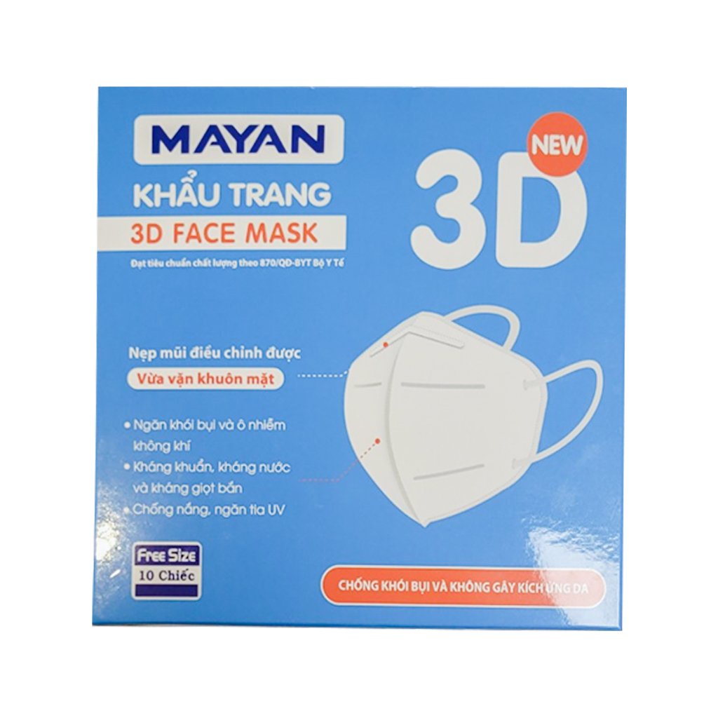Hộp 10 Miếng Khẩu Trang Mayan 3D Mask Chống Bụi PM 2.5 Size Người Lớn (Loại 5 lớp Vải không dệt SSMMS)